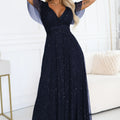 Vestido Longo Brilhante MELANIA com Decote e Mangas Curtas