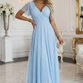 Vestido Longo Brilhante MELANIA com Decote e Manga Curta - Azul Céu