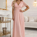 Vestido Longo MELANIA Brilhante com Decote e Mangas Curtas - Pêssego