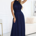 Vestido Longo VERONICA com Detalhe em Brocado e Corte Sofisticado - Azul-marinho