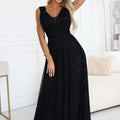 Vestido Longo de Noite com Brilho e Decote Profundo - Preto