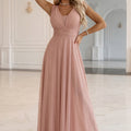 Vestido Longo Rosa Pó com Brilho e Decote Profundo