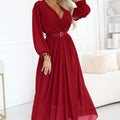 Vestido Longo Plissado Elegante com Cinto e Decote Envolvente - Bordô