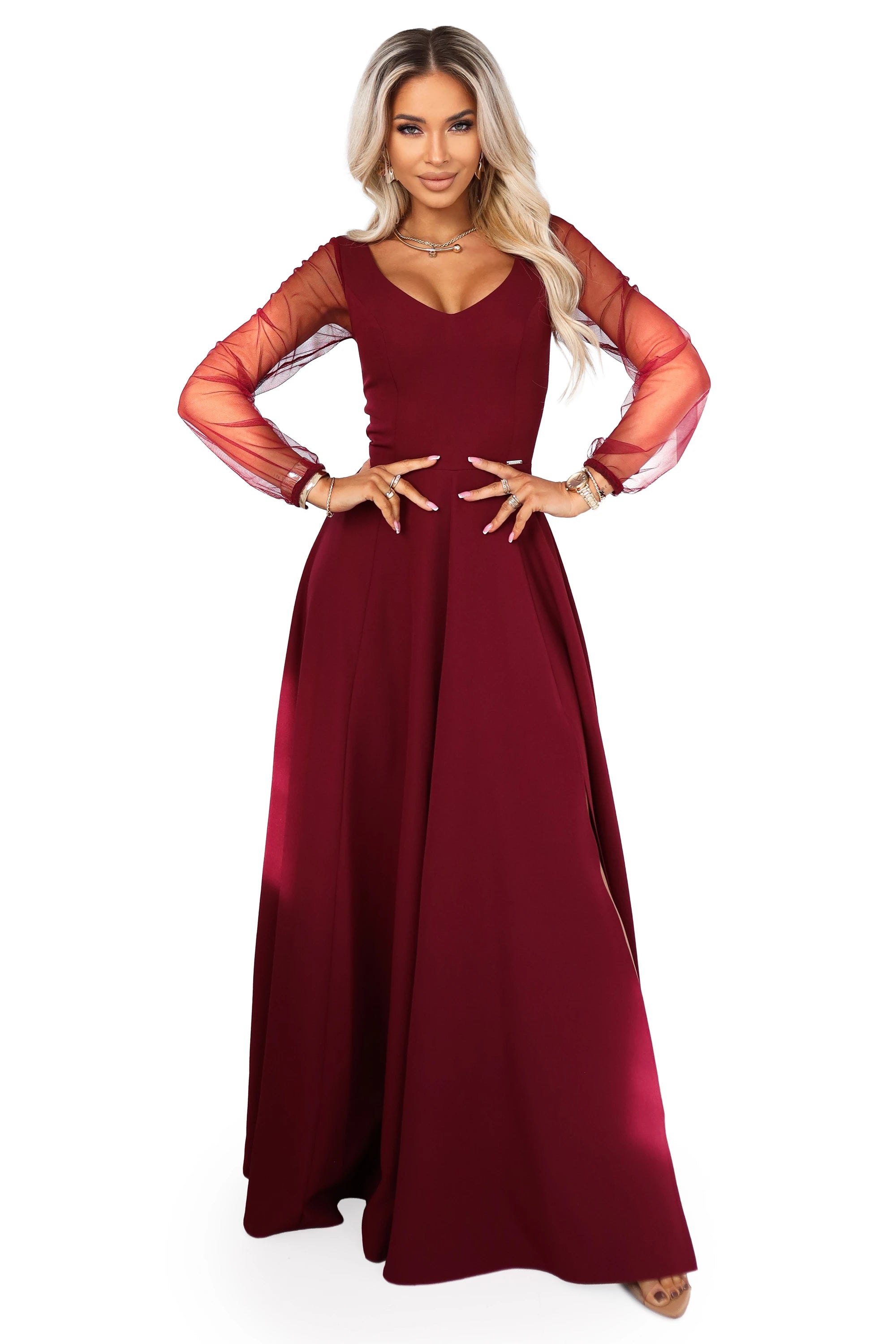 Vestido Longo LORETTA com Mangas de Tule - Bordô