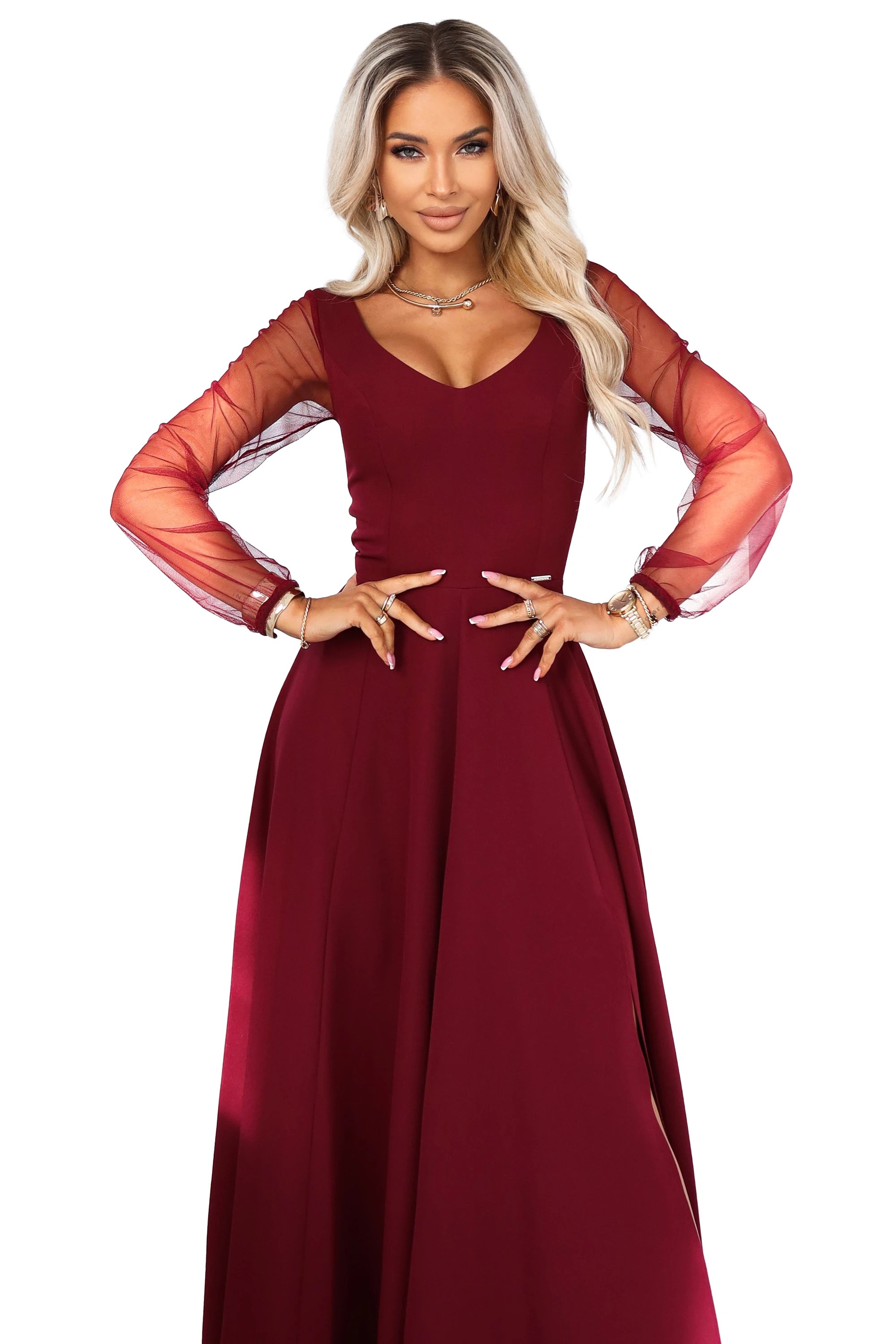 Vestido Longo LORETTA com Mangas de Tule - Bordô