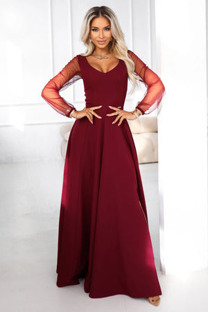Vestido Longo LORETTA com Mangas de Tule - Bordô