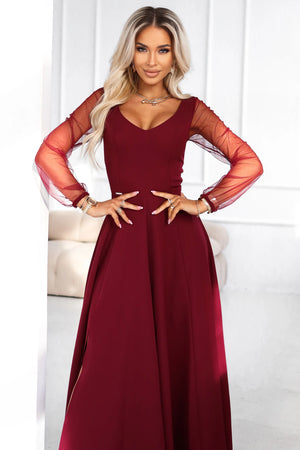 Vestido Longo LORETTA com Mangas de Tule - Bordô