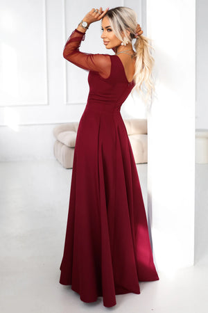 Vestido Longo LORETTA com Mangas de Tule - Bordô