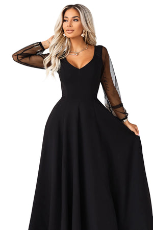 Vestido Longo LORETTA com Mangas de Tule - Preto