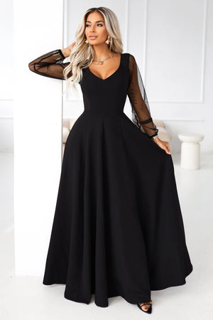 Vestido Longo LORETTA com Mangas de Tule - Preto