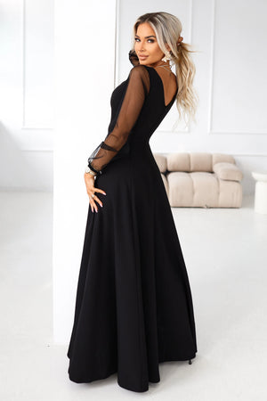 Vestido Longo LORETTA com Mangas de Tule - Preto