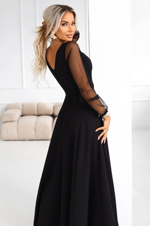 Vestido Longo LORETTA com Mangas de Tule - Preto