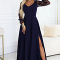 Vestido Longo com Mangas de Tule e Decote - Azul-Marinho