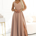 Vestido Longo LORETTA com Mangas e Decote em Tule - Bege