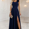 Vestido Longo de Noite com Fenda e Rosas - Azul-Marinho