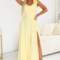 Vestido Maxi Elegante com Fenda e Rosas - Amarelo Manteiga — imagem 1