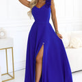 Vestido Longo com Fenda e Rosas - Azul Ciano