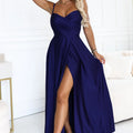 Vestido Longo de Festa com Alças e Fenda - Azul-marinho