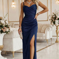 Vestido Longo Ajustado de Manga Longa com Decote Transpassado e Fenda - Azul-marinho