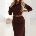 Vestido Midi Elegante com Gola e Fenda Lateral - Chocolate