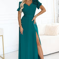 Vestido Longo com Flor no Ombro, Cinto e Fenda - Verde Garrafa