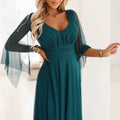 Vestido Longo com Decote em V e Mangas Transparentes - Verde Esmeralda