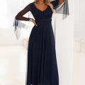 Vestido Longo com Brilho, Decote e Mangas Transparentes - Azul-Marinho