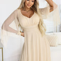 Vestido Longo de Chiffon com Decote Profundo e Mangas Transparentes - Bege Champanhe