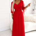 Vestido Longo Vermelho com Brilho e Mangas Semi-translúcidas