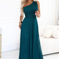 Vestido de Noite Longo com um Ombro em Verde Garrafa com Brilho