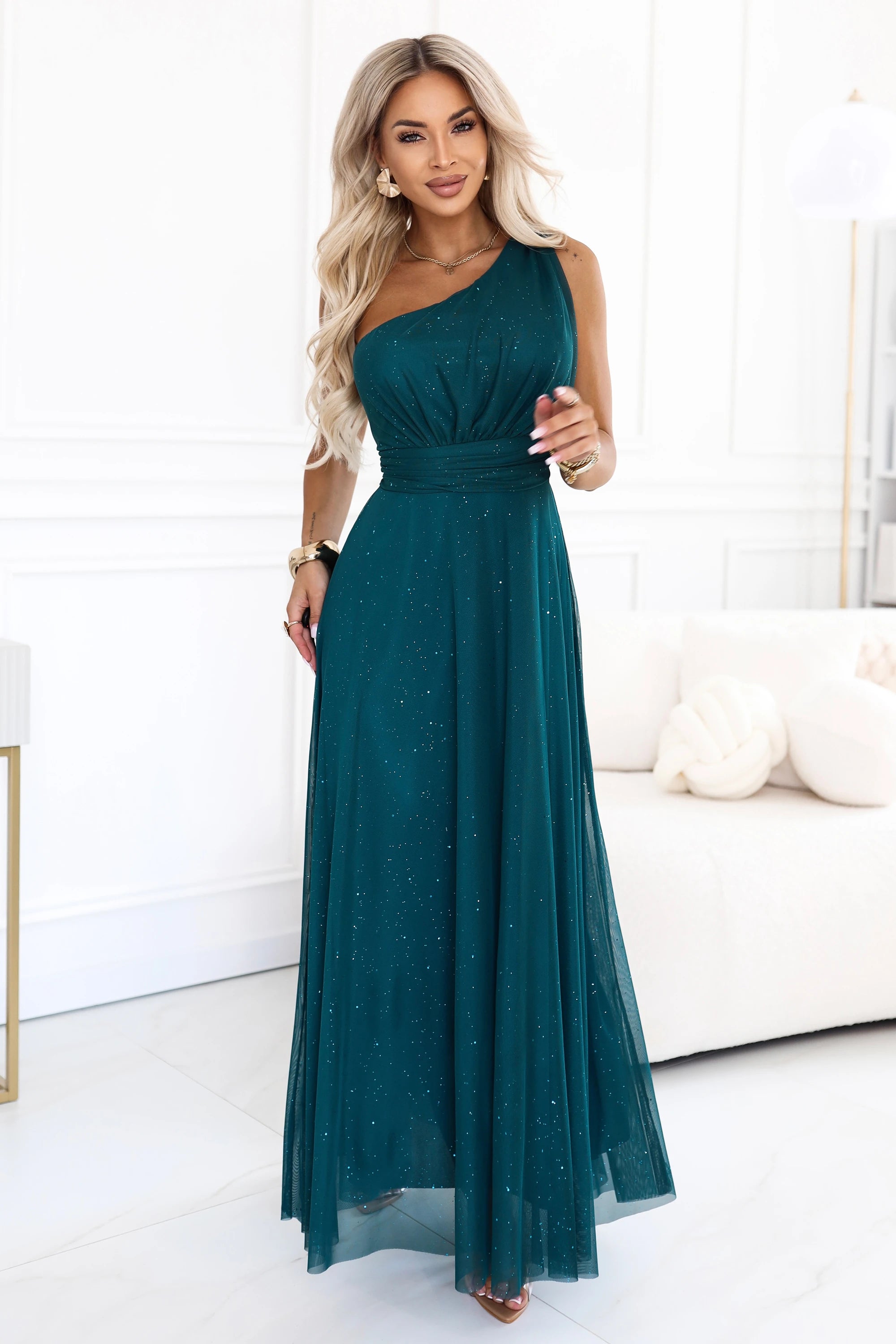 Vestido de Noite Longo com um Ombro em Verde Garrafa com Brilho