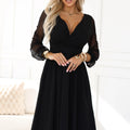Vestido Midi com Decote Cruzado e Mangas de Tule - Preto
