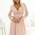 Vestido Midi com Decote Cruzado e Mangas de Tule - Bege
