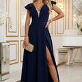 Vestido Longo com Folhos, Decote Profundo e Fenda - Azul-Marinho