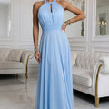 Vestido Maxi Halter com Tule e Cinto - Azul Claro