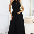 Vestido Longo Halter Elegante de Noite com Tule e Cinto - Preto