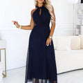 Vestido Longo Elegante com Decote Halter e Saia de Tule - Azul-marinho