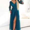 Vestido Longo Verde Garrafa com Mangas em Tule e Decote Envolvente