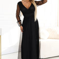 Vestido Longo com Mangas de Tule e Decote Cruzado