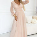 Vestido Longo com Mangas em Tule e Decote Envolvente - Pêssego – imagem principal
