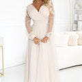 Vestido Longo com Mangas de Tule e Decote Cruzado - Bege