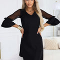 Vestido Evasé de Lantejoulas com Mangas de Tule - Preto