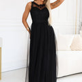 Vestido Longo Romântico com Renda Bordada e Tule - Preto