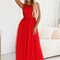 Vestido Longo Romântico de Casamento em Tule e Renda - Vermelho