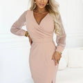 Vestido Justo com Decote Cruzado e Mangas de Tule - Bege