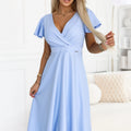 Vestido Midi Evasé com Decote Cruzado e Brilho - Azul Celeste