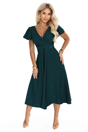Vestido Midi Evasé com Decote Cruzado e Mangas Curtas - Verde Garrafa