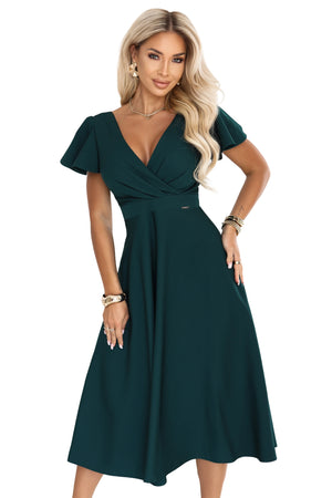 Vestido Midi Evasé com Decote Cruzado e Mangas Curtas - Verde Garrafa