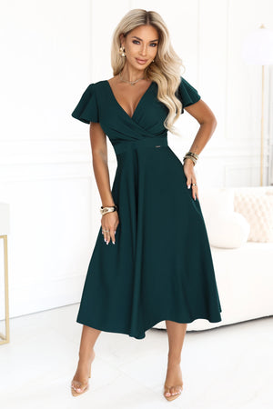 Vestido Midi Evasé com Decote Cruzado e Mangas Curtas - Verde Garrafa