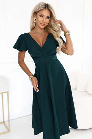 Vestido Midi Evasé com Decote Cruzado e Mangas Curtas - Verde Garrafa